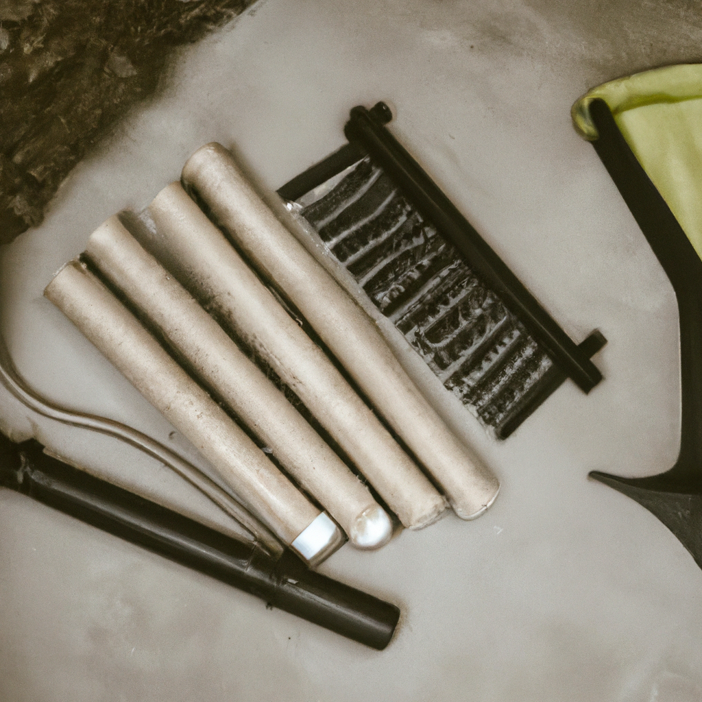 HEPA filter and eco-friendly chimney cleaning tools flat-lay