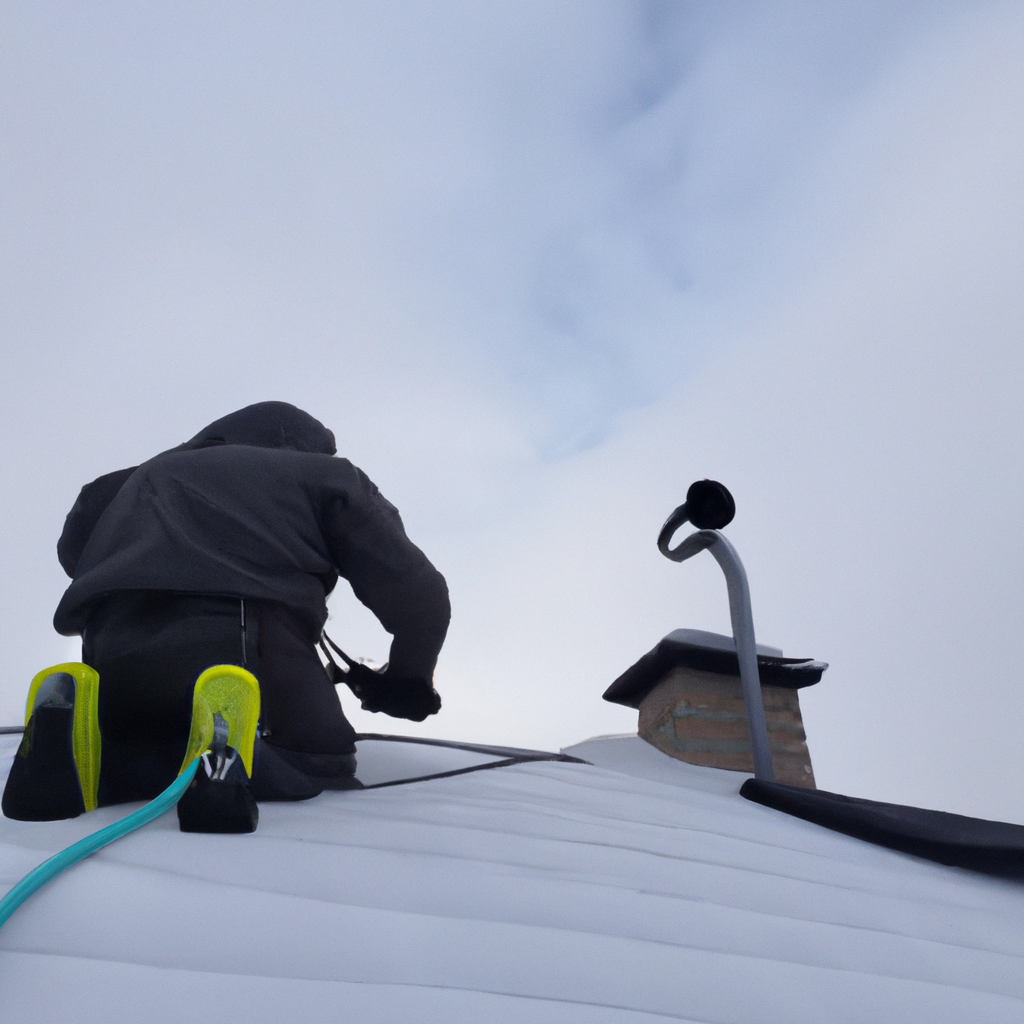 NorthernFlue technician on a Canadian roof with HEPA vacuum and safety harness in winter conditions